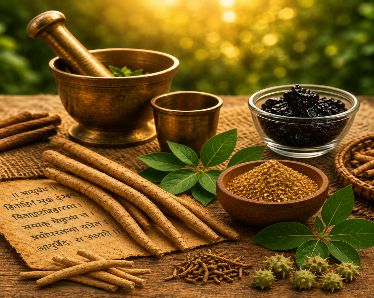 Herbal ingredients and tools on a wooden surface with a natural background
